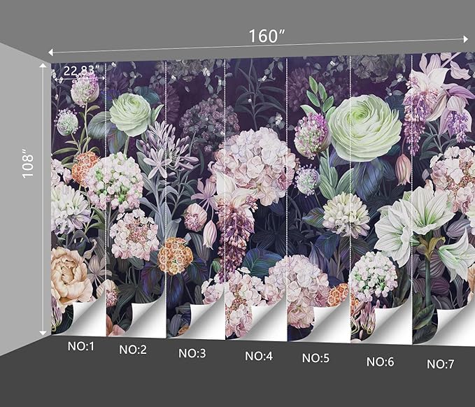 Black Floral Wallpaper Bedroom Purple Botanical Flowers Leaf murals Living Room tv Background Large Wall Mural Aesthetic Room Decor - 160"x108" Not Peel and Stick