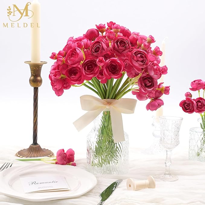 Meldel 32Pcs Ranunculus Artificial Flower Rose with Stems, Faux Rose Red Ranunculus for DIY Bouquet, Bulk Fake Peony Wedding Filler Flowers for Centerpieces Arrangements Bridal Shower Decoration