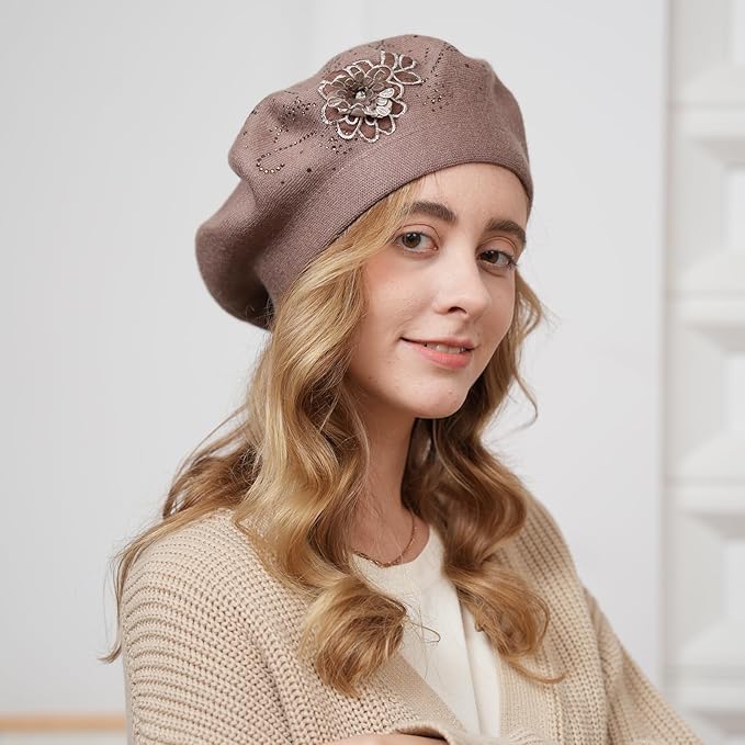 Flower Embroidery Beret Hat for Women, French Style Knitted Beret Hats, Stylish Solid Color Beret Cap for Women Girls Lady