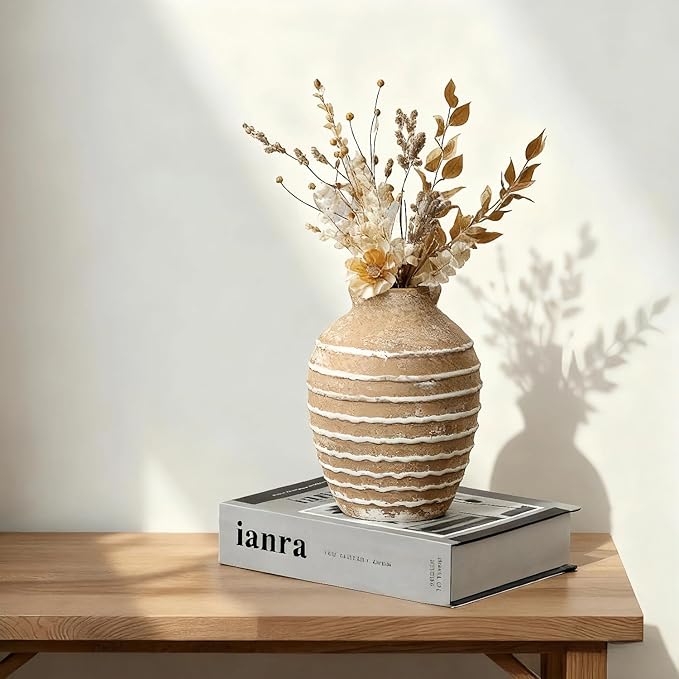 Ceramic Vase, 6.7 inch Ribbed Textured Minimalist Rustic Farmhouse Terracotta Vase for Home Decor, Table, Living Room, Entryway, Shelf, Mantel Decoration (Rust)