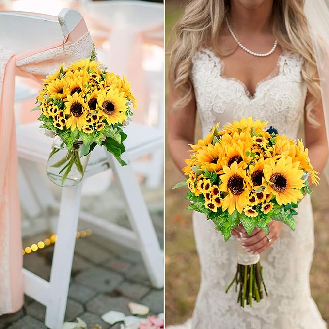 Lvydec Artificial Sunflower Bouquet, 4 Bunches Silk Sunflowers Fake Yellow Flowers for Home Decoration Wedding Decor (4 Pack)