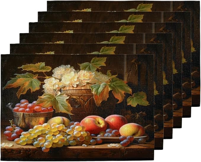 Grape Placemats Set of 6, Washable Linen Place Mats, Floral Vintage Fruit Rustic Table Mats for Kitchen Dining Table Decor Heat Resistant Tablemats 12x18