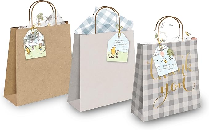 Pro Supply Global 24 Count of 2.5 Inch x 3 Inch Pre Strung Winnie The Pooh Gift Tag Assorted Printed Designs on Large Cardstock Gift Hang Tags - Ideal to Use on Bags