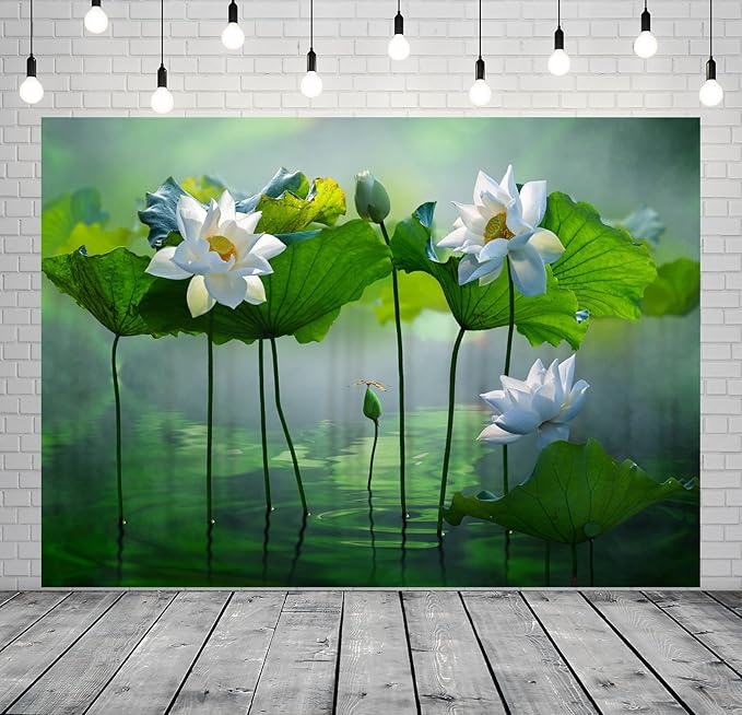 BELECO 7x5ft Fabric Lotus Flower Backdrop Lotus Garden Blooming White Lotus Flowers Pond Background Wall Decor Photo Booth Shoot Studio Props Wallpaper