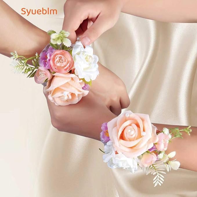 Champagne Rose Wrist Corsage, Pack of 2 PCS Wedding Bridal Wrist Flower Corsage Hand Flower Artificial Silk Rose Decor for Prom Party Wedding (Champagne, 2pcs).