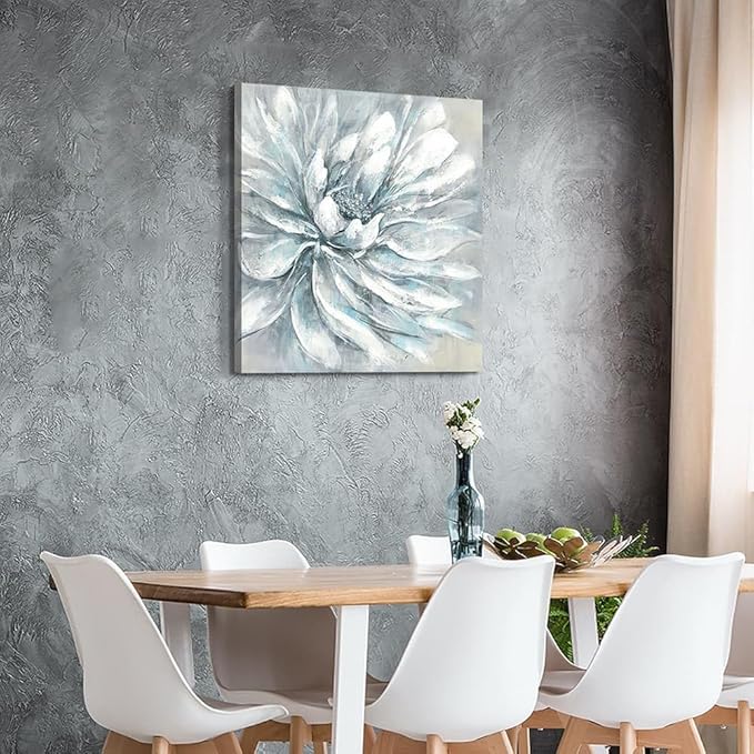 Large Floral Canvas Wall Art: Abstract Living Room Gallery Artwork Modern Elegant White Flower Painting Contemporary Silver Blue Peony Prints Gray Nature Botanical Picture