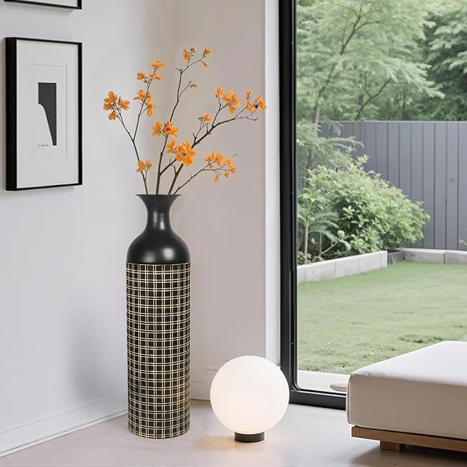 Tall Floor Vase Set of 3, Large Black Metal Vases with Minimalist Gold Lines & Detachable Vase Mouth, Big Modern Decorative Vases for Living Room,Hallway,Dining Room,Office,Kitchen.