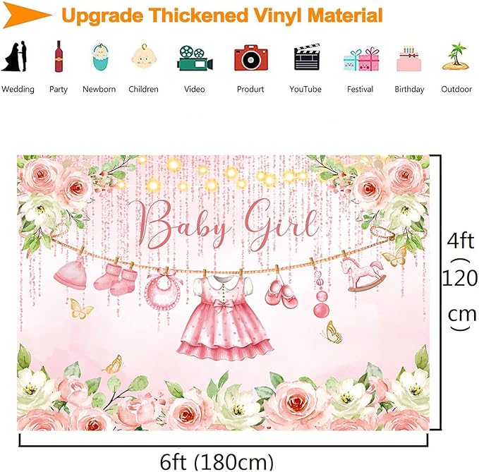 InMemory Baby Girl Baby Shower Backdrop Pink Floral Baby Shower Decorations,Glitter Rose Gold Baby Clothes Photography Background It's a Sweet Girls Shower Party Banner Photo Booth Supplies 6x4ft