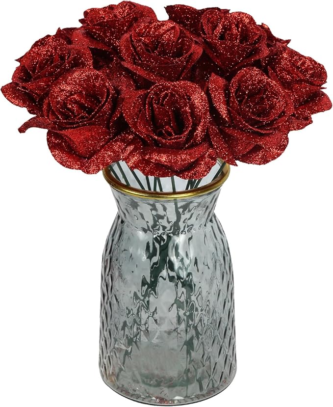 Glitter Roses,30PCS Fake Red Roses Glitter Flowers Bouquet Artificial Roses with Stems for DIY Crafts Wedding Bouquet Party Home Decor(Red)