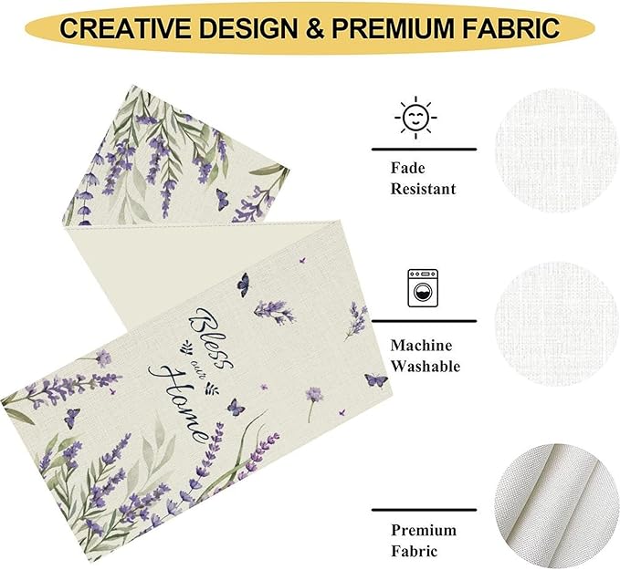 Purple Floral Table Runner, Spring Summer Watercolor Lavender Flower Country Farmhouse Coffee Coffee Table Center Decor for Home Kitchen Dining Patio Holiday Party Table Decorations 13x72 inches