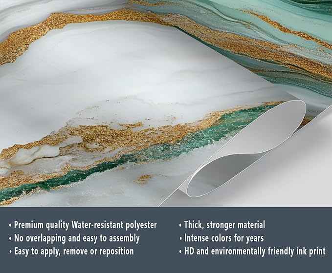 Green Gold Marble Wall Mural, Elegant Marble 3D Wall Murals, Luxury Stone Texture Wallpaper Mural, for Living Room Bedroom Large Wallpaper Indoor Decor 177.16" W x120 H