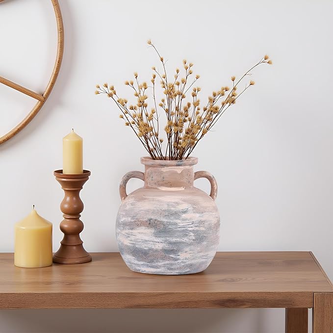 5.9in Rustic Ceramic Farmhouse Flower Small Vase, Beige Terracotta Pottery Decorative Vases Distressed, Round Vases with Handles for Home Wabi Sabi Coffee Table Entryway Decor or Kitchen Utensils