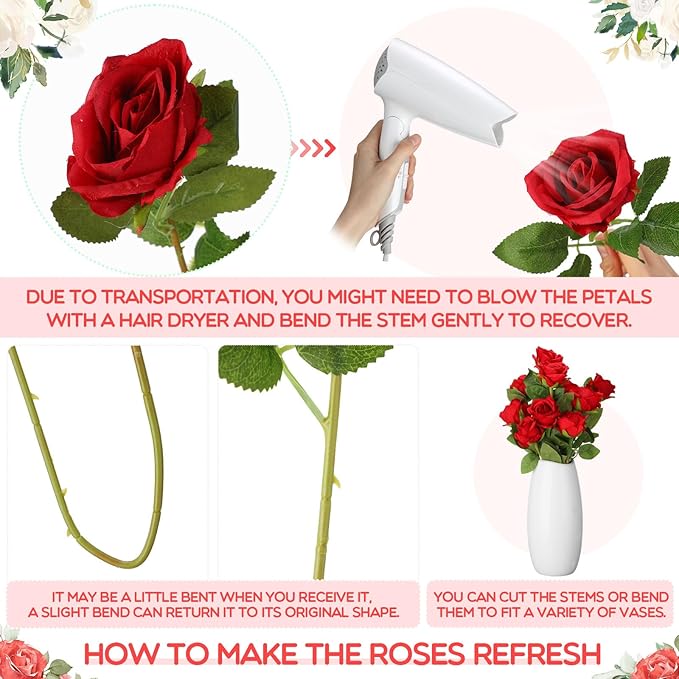 Hotop 120 Pcs Roses Artificial Flowers in Bulk,Long Stem Artificial Flower Bouquet,Silk Real Touch Fake Rose for Wedding Party Table Centerpieces Decor Valentines Gifts(Red)