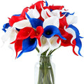 SITUMEIZI 24 PCS 4th of July Flowers Artificial Calla Lily Fake Silk Patriotic Flowers Real Touch for Independence Day Home Kitchen Decor Table Centerpiece Decoration(Mix,3)