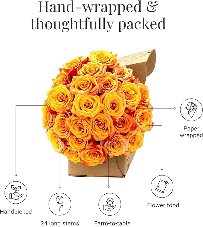 BloomsyBox - Yellow/Orange Roses -24 Long Stems, Hand-Tied in Eco-friendly, Vase Not Included, Fresh Flowers for Delivery – Gift for Birthday, Anniversary, Get Well, Congratulations, Wedding