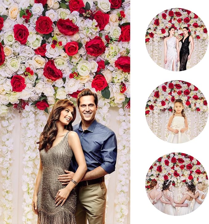 10x6.5ft Flower Wall Wedding Backdrop White Red Rose Romantic Spring Blooming Floral Photo Background for Valentine's Day Bridal Shower Mothers Day Birthday Newborn Decorations Photo Props
