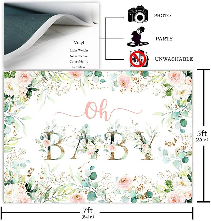 Avezano Greenery Girl Oh Baby Backdrop for Baby Shower Decoration Photography Background Blush Pink and Gold Floral Eucalyptus Greenery Leaves Baby Girl's Shower Party Photoshoot (7x5ft)