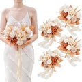 TINGE TIME 7inch Wedding Bouquets for Bridesmaid, Artificial Flowers Cascading Bridal Bouquet for Wedding (Burnt Orange & Champagne, Set of 4)