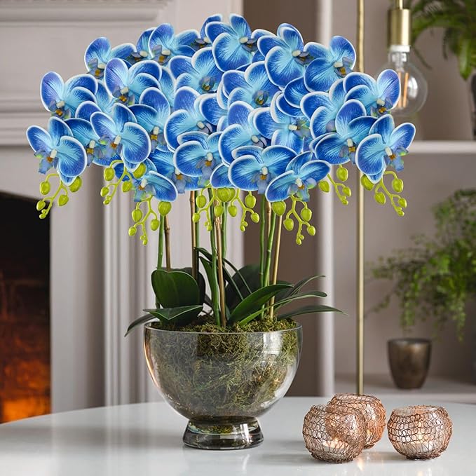 30 Inch Blue Orchids Artificial Flowers Real Touch Phalaenopsis Spray Artificial Orchid Stems with 12 Orchid Flowers Fake Phalaenopsis Tall Faux Flowers Arrangement for Home Decor Party Wedding Decor