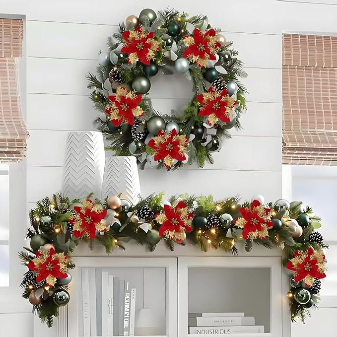12 PCS Poinsettia Flower Artificial Red Gold Christmas Flowers Artificial 5.5'' Glitter Poinsettias Artificial Christmas Tree Flower With Clips Diy Xmas Wreath Holiday New Year Home Party Decor