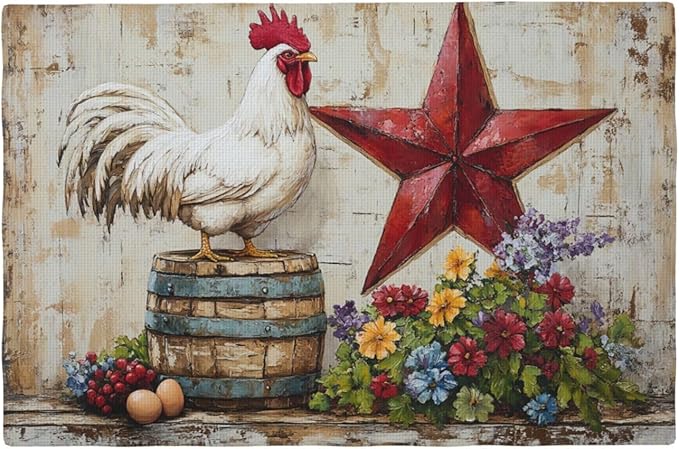 Farmhouse Chicken Placemats Set of 6 Washable Table Retro Rooster Heat-Resistant Cotton Linen Place Mats for Dining Table Kitchen Indoor Outdoor Party Holiday Decor