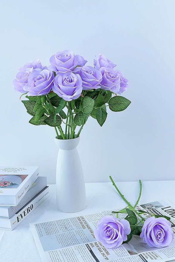 12pcs Lavender Roses Artificial Flowers Lliac Roses Purple Roses Fake Roses Flowers with Long Stems Silk Flowers for Wedding Bouquet Centerpices Decorations Party Bridal Baby Shower