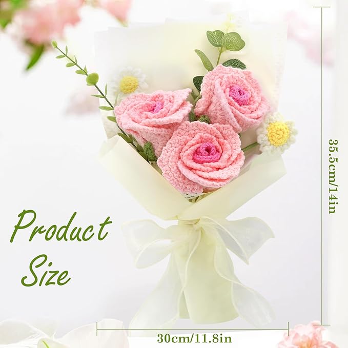Crochet Flowers,Finished Bouquet Crocheted Cotton Thread Flowers, Handmade Crochet Rose Tulip Fern Leaf as a Gift for Lover, Friends. Artificial Flower (Gradient Pink)