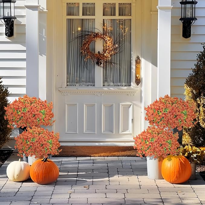 20 Bundles Fall Thanksgiving Artificial Mums Flowers for Outdoors, No Fade Fake UV Resistant Green Leaf Faux Flowers for Outdoor Planters, Autumn Garden Patio Front Porch Decor(Orange Green)