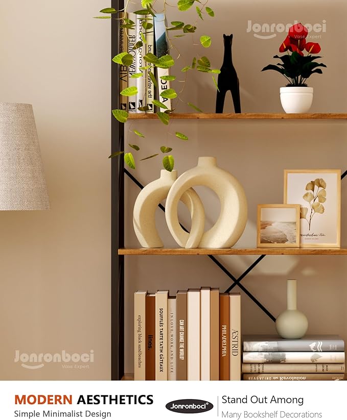 Beige Ceramic Decor Vase Set of 2 - Modern Boho Donut Decorative Vases for Home Entry Way Console Table Decor, Shelf Bookshelf Mantel Decorations, Kitchen Dining Table Centerpiece (Matte Cream White)