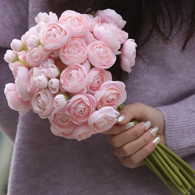24 Pcs Ranunculus Artificial Flowers 10.5", Mini Faux Silk Ranunculus with Stem, Fake Flowers for Home Decor Indoor Wedding Bouquets Centerpieces (Blush Pink)