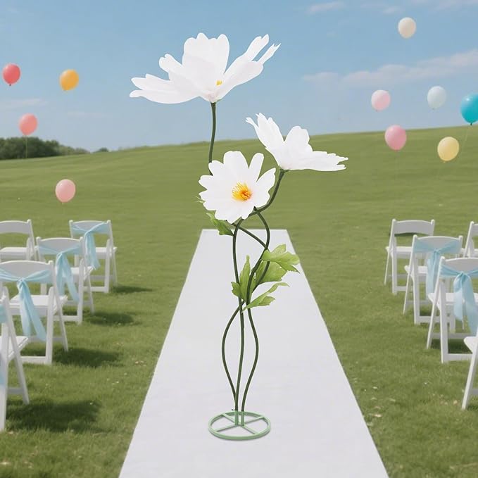 3Pcs Giant Artificial Paper Flowers - Artificial Daisy Flower for Wedding 3-Head Giant Fake Flowers with Standing Stems and Base 6.7ft Tall for Wedding Wall Party & Home Decor (White)