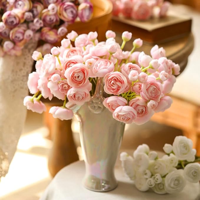 ASTRYAS Ranunculus Artificial Flowers, 18 Pcs Blush Faux Silk Mini Ranunculus Bulk Fake Wedding Filler Flowers for DIY Pink Bouquets, Centerpieces, Bridal Shower Decorations, Pink