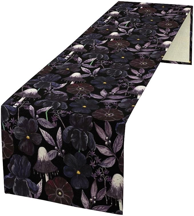 Gothic Floral Table Runner, Watercolor Black Purple Flowers Victorian Luxury Vintage Leaves Plant Table Runner for Home Kitchen Dining Decor Indoor Outdoor Party, 13x108inch