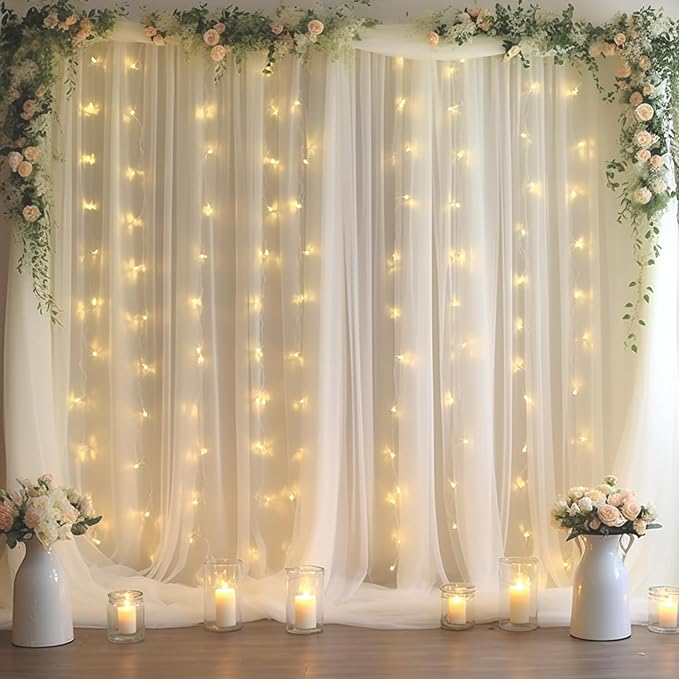 20x8ft White Tulle Backdrop Curtain with Lights String for Parites, Sheer Backdrop Curtains for Wedding Baby Shower Birthday Party Photo Shoot Decorations