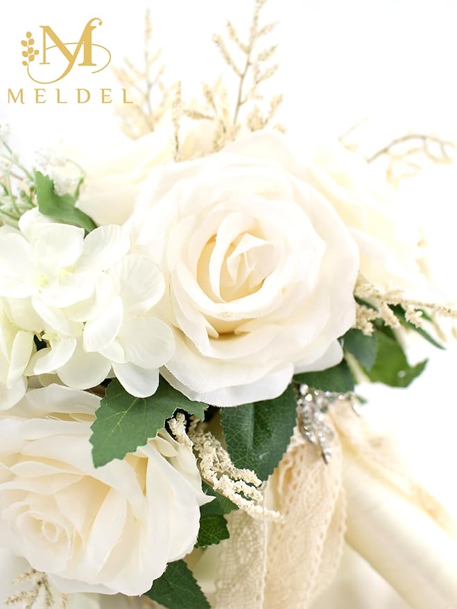 Meldel 8.66 Inch Wedding Bouquets for Birde Bridesmiads, Bridal Bouquet for Birde Wedding, White Champagne Artificial Roses Flowers Wedding Decoration