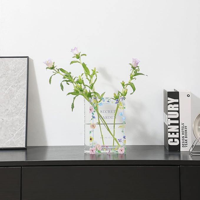 Book Vase, Acrylic Book Vase for Flowers, Book Flower Vase Clear, Book Shaped Vases, A Book About Flowers Vase, Modern Decorative Vases for Home, Office, Bedroom, Living Room, Dining Table