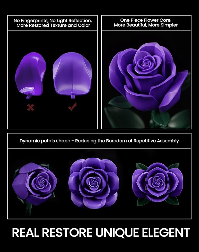 iATOM Purple Rose Bouquet Building Set, Artificial Flowers Botanical Collection for Adults Women, Gift for Christmas and Valentines Day - Gothic Home Office Table Centerpiece Decor - IA11017