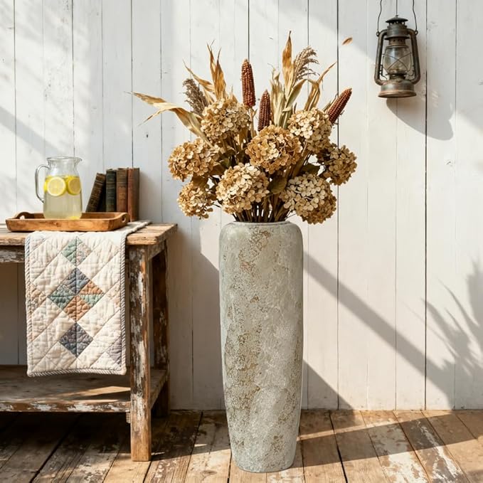 23.6 Inch Rustic Ceramic Tall Floor Vase, Slim Tapered Rustic Farmhouse Vase for Dried Stems & Pampas, Neutral Beige Decorative Vase for Living Room