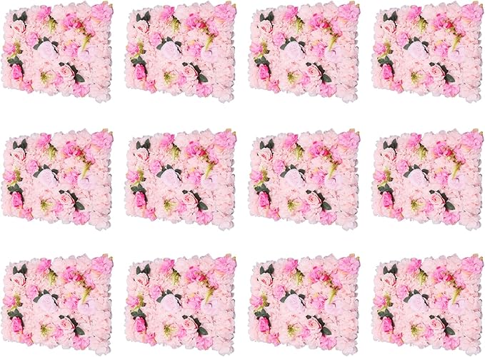 Flower Wall Panel Set,Artificial Wall Flower Backdrop,12 Pcs 23.62 * 15.74in3D Silk Hydrangea Rose Floral Panel,Faux Roses Artificial Flower Backdrop for Wall Decor (12PCS Light Pink)