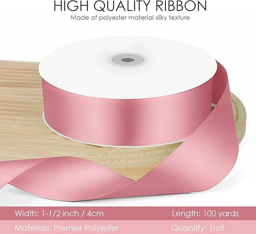 100 Yards 1-1/2 inch Satin Ribbon, Fabric Ribbon Solid Color Perfect for Gift Wrapping, Wedding, Handmade Bows, Floral Bouquets and Party Decoration(Pink)