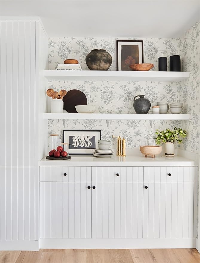 Cream White and Gray Peel and Stick Wallpaper Vintage Floral Contact Paper 16.9"x393.7" Floral Birds Self Adhesive Removable Wallpaper Grey Flowers Decorative Wall Paper for Bathroom Cabinets