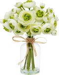 Ranunculus Artificial Flowers with Vase, 8 Pcs Faux Silk Ranunculus Flower in Vase, Small Flower Arrangements for Home Decor Indoor, Table Centerpiece. (Green)
