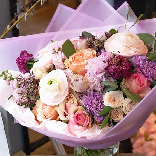 20 Sheets Purple Flower Wrapping Paper, Waterproof Floral Wrap Purple Edge Bouquet Wrapping Paper Florist Supplies (22.8 x 22.8 inch)