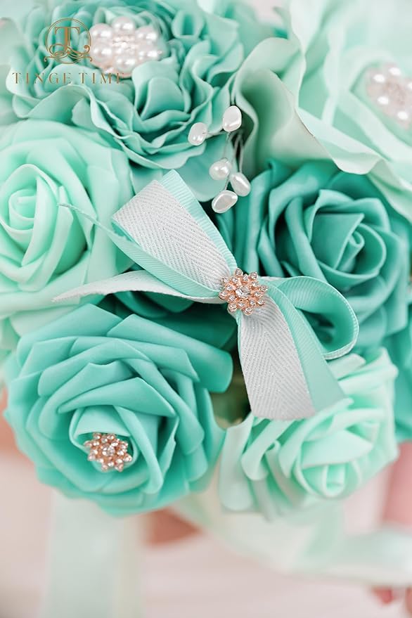 TINGE TIME Bridesmaid Bouquets for Wedding Set of 6 Teal Blue 7 Inch Wedding Bouquets Artificial Silk Flowers Bridal Bouquets for Bridesmaids, Wedding Decor, Anniversary