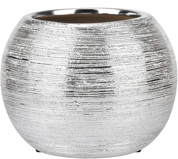 Silver Round Metallic Ceramic Planter Vase Indoor Decorative Centerpieces Flower Pot Sphere Plant Pot