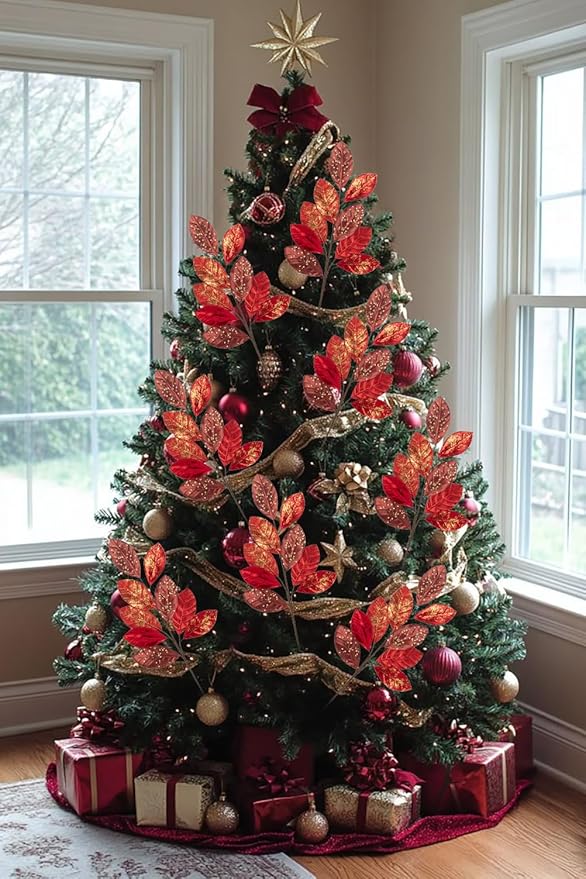 Hollyone 23.6” Christmas Tree Picks and Sprays 3Pcs Red Artificial Magnolia Stems Magnolia Leaves Branches Fake Red Leaf Floral for Vase DIY Xmas Tree Garland Wreath Centerpieces Wedding Decor