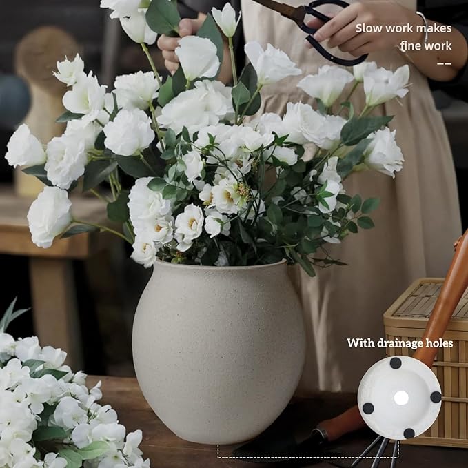 Large White Ceramic Vase, Wide-mouthed Round Planter with Drainage Hole, 9.7 Inch Tall, Minimalist Home Decor for Indoor Plants, Flowers, Table, Shelf,Floor, Living Room, Wedding (Sandstone White)