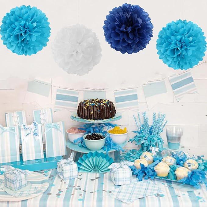 Blue Paper Flowers Tissue Pom Poms Honeycomb Lanterns 15pcs Light Royal Navy Party Decorations Boy Birthday Ocean Wedding Baby Bridal Shower Bachelorette Graduation Hanging Supplies Mprocherify