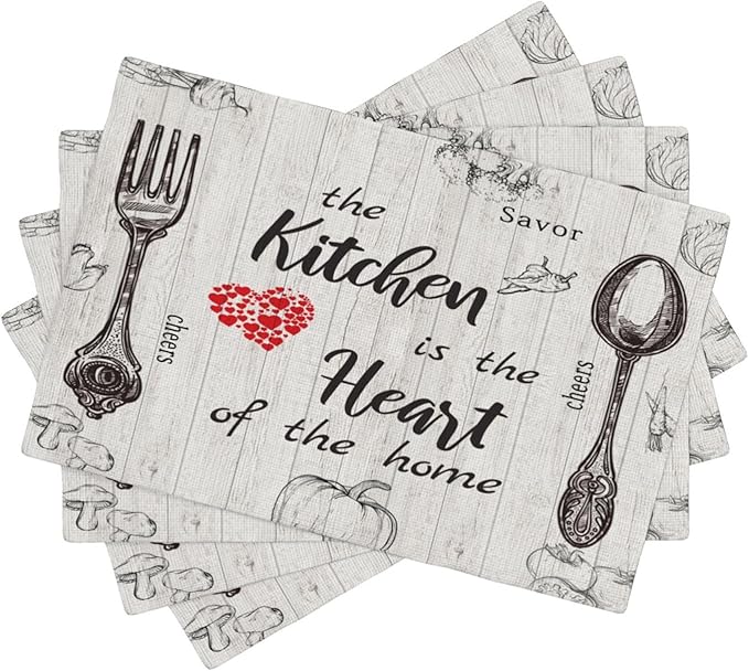 Vegetable Placemats Vintage Rustic Wooden Plank Kitchen Utensils Cutlery Tomato Pumpkin Mushroom Carrot Placemats Table Kitchen Dining Party 12x18 Inch Set of 4