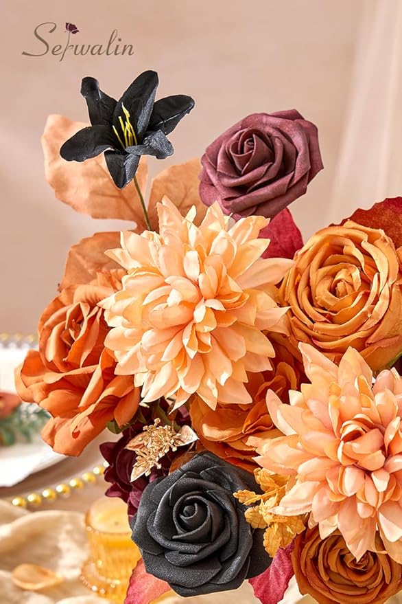 Serwalin Artificial Orange & Black Flowers, Silk Fake Flowers for DIY Wedding Bouquets Cake Flower, Harvest Table Centerpieces Birthday Party Home Halloween Decorations